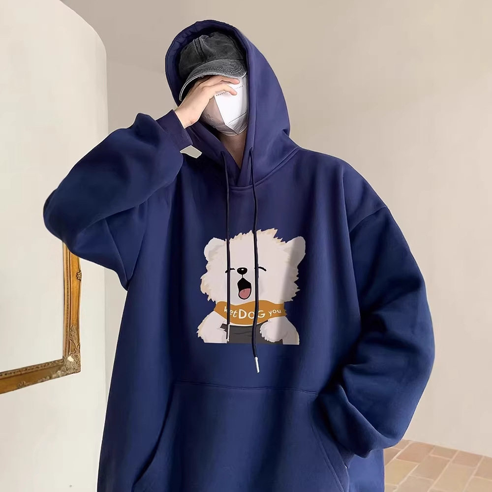 美式小熊重磅卫衣男款秋冬季加绒加厚保暖内搭男生连帽外套上衣服