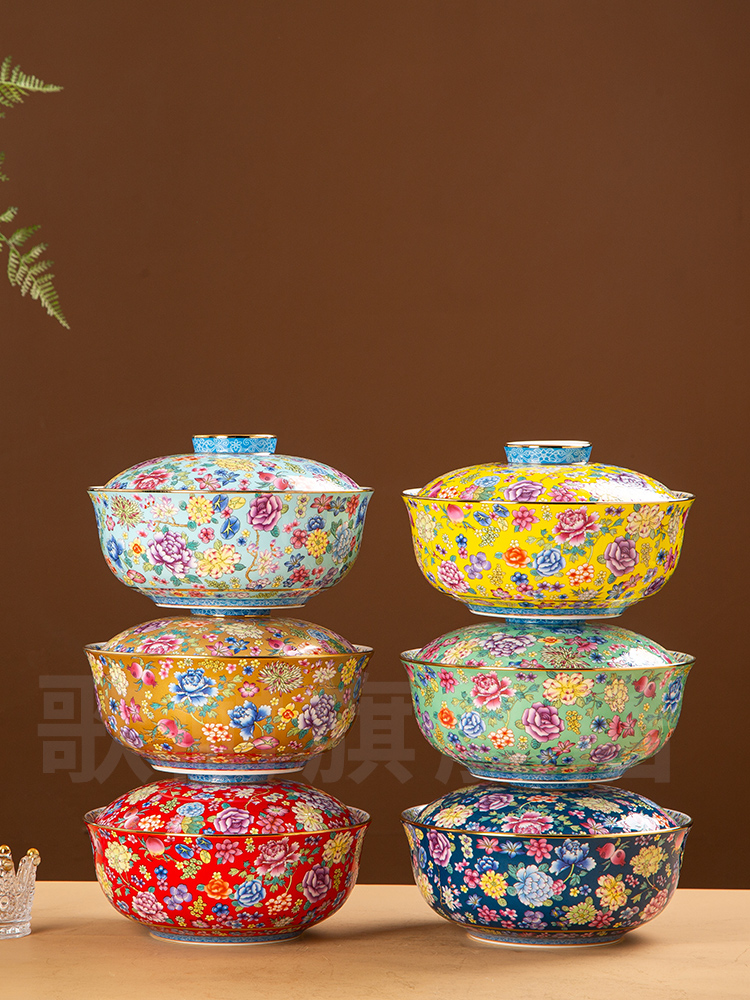 青花瓷带盖面碗，单手绘保温大碗，景德镇陶瓷碗，家用搪瓷彩