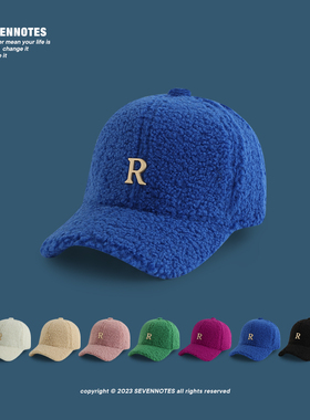SEVENNOTES宝蓝色贴标R字母羊羔毛鸭舌帽男女秋冬棒球帽韩版百搭