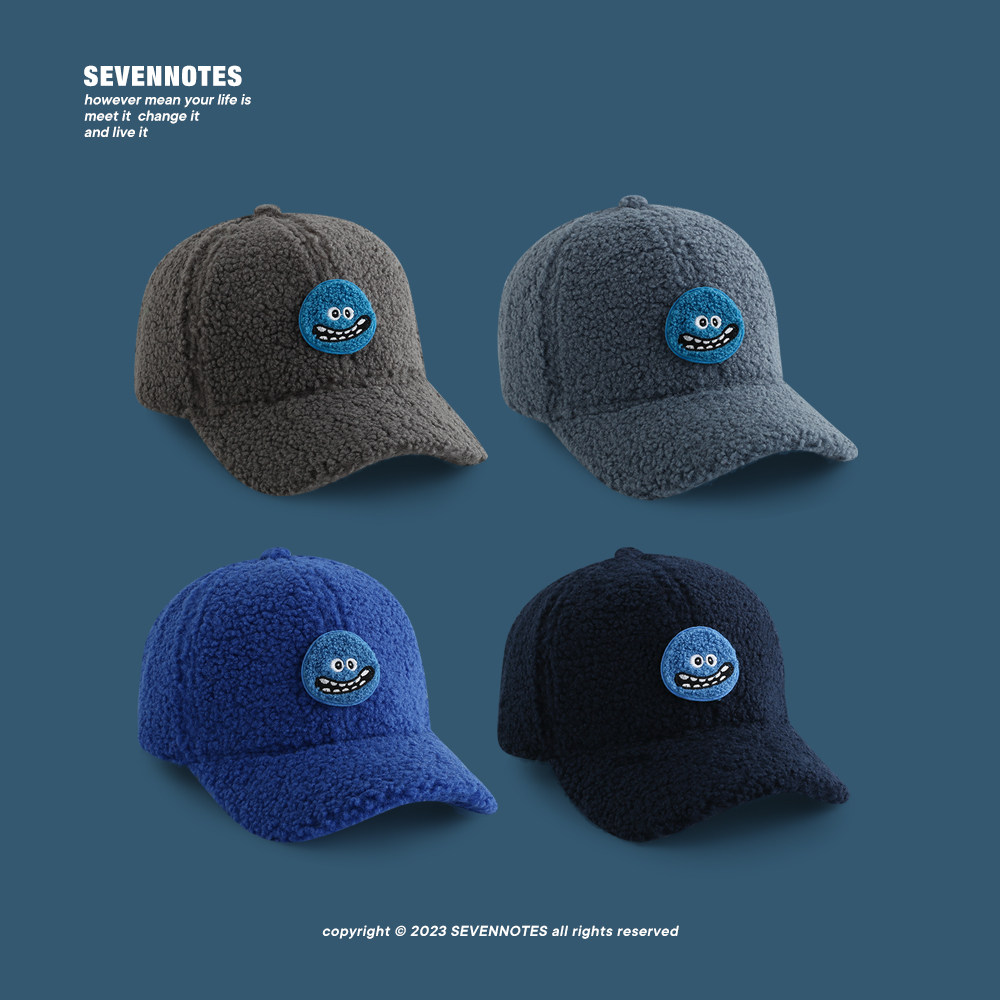 SEVENNOTES蓝色系羊羔毛鸭舌帽男女韩版简约百搭秋冬天毛绒棒球帽