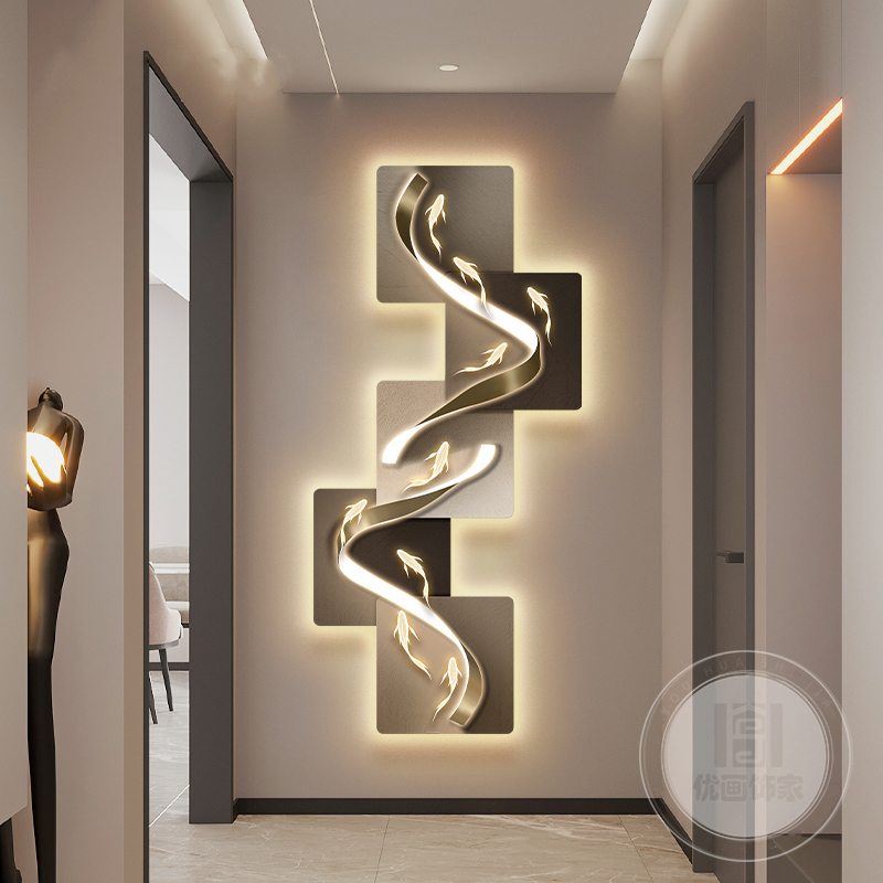 招财九鱼玄关装饰画现代轻奢带钟表走廊过道挂画高级感发光壁灯画