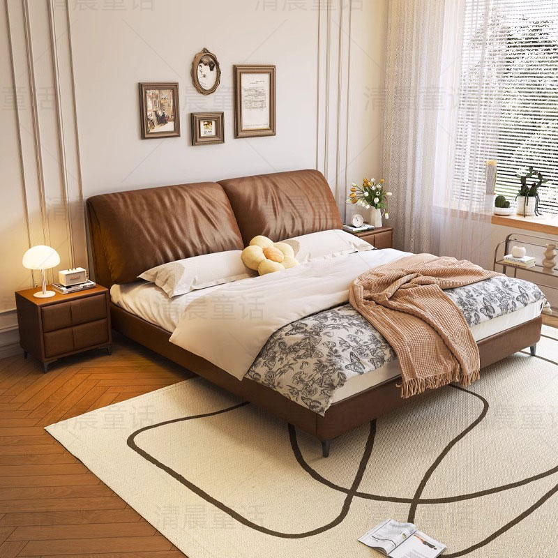 全友家居复古风格大象耳朵真皮床2025新款高端大气软包床主卧室床
