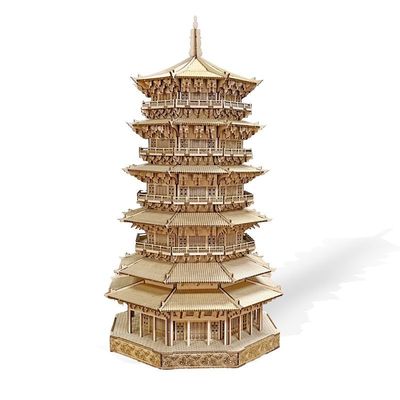 中式古建筑榫卯木质拼装模型应县木塔3d立体diy 实木积木玩具摆件