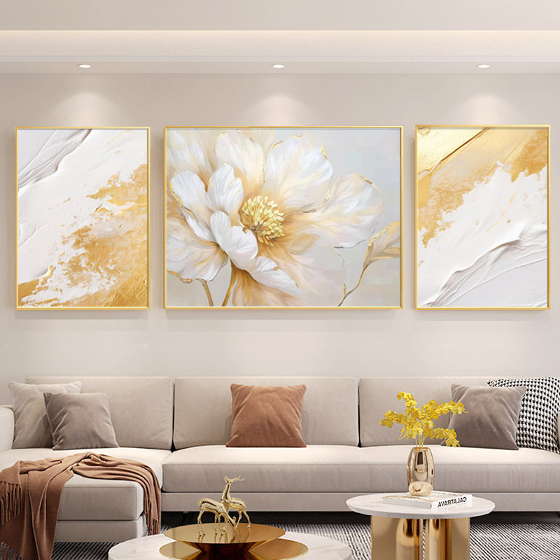 现代简约客厅背景墙装饰画轻奢奶油风沙发后三联挂画砂岩肌理壁画