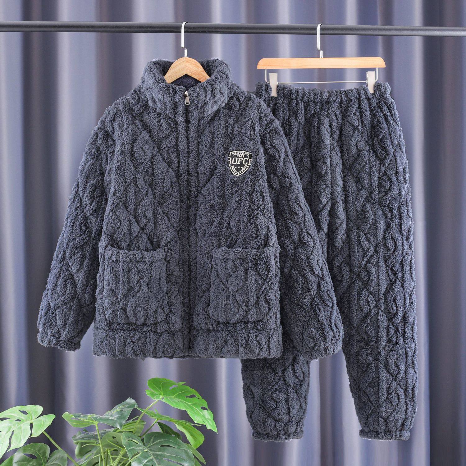 睡衣男冬季加绒加厚男款三层夹棉冬天家居服珊瑚绒可外出男士套装