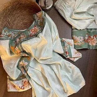 古代娘娘睡衣中式睡衣宫廷春秋夏季国风复古汉服印花长袖格格长裤