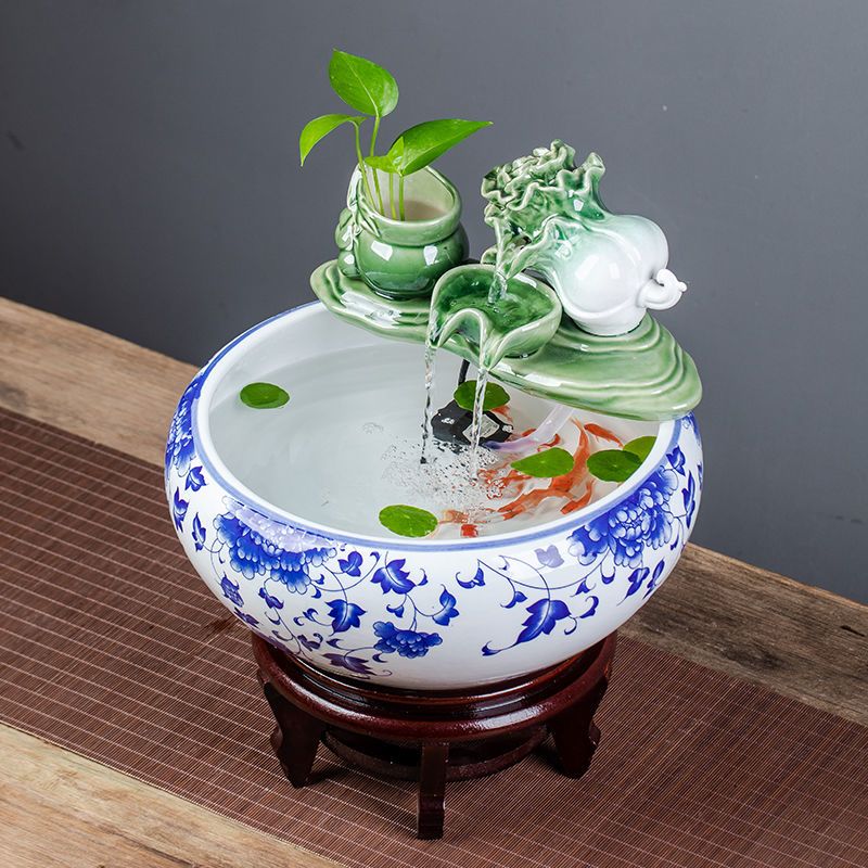 创意陶瓷金鱼缸客厅喷泉桌面流水摆件小型家用循环招财鱼缸养鱼盆