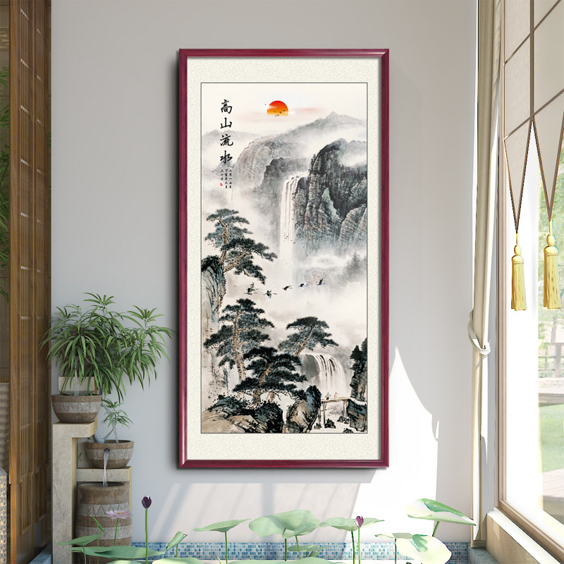 国画玄关装饰画过道走廊竖版实木山水挂画迎客松中式办公室客厅画