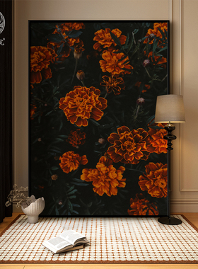 法式中古风橙色花卉植物客厅装饰画玄关古典艺术挂画茶室禅意挂画
