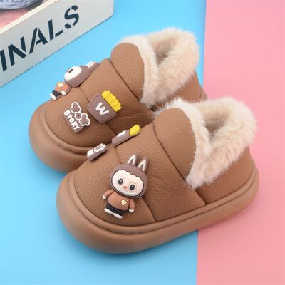 冬季小孩家居棉鞋加厚绒保暖防滑PU皮面耐脏男童棉拖鞋拉布布女孩