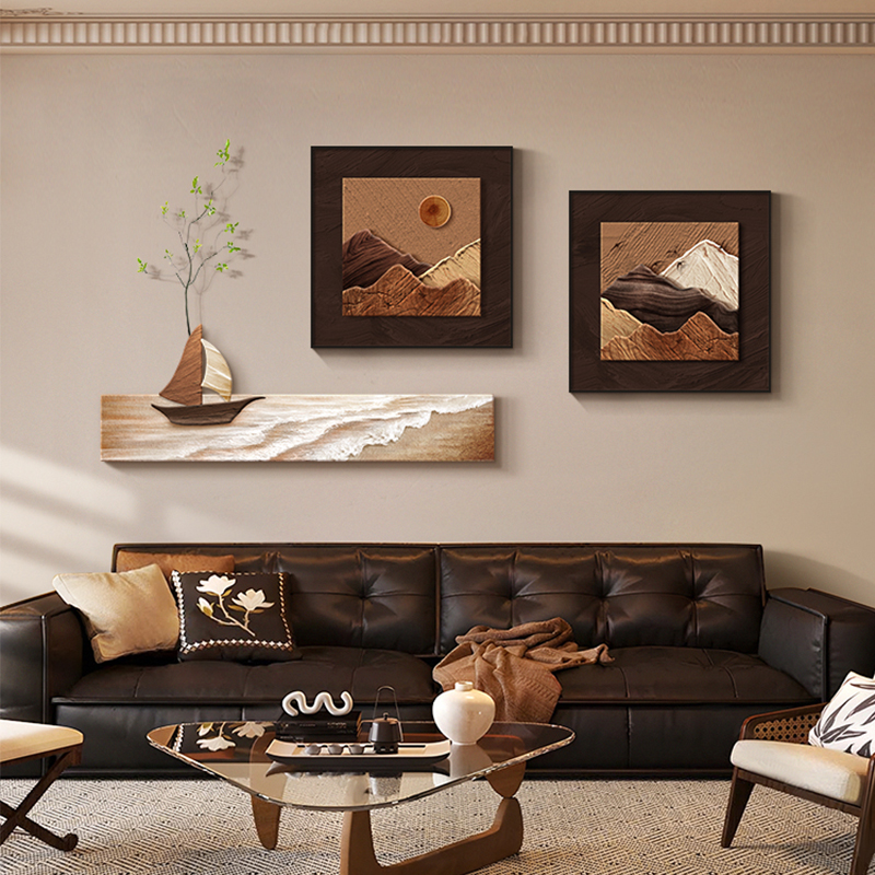 中古风大气客厅大白墙装饰画背有靠山沙发背景墙挂画2025新款壁画