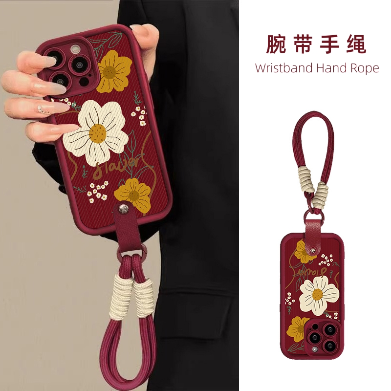 酒红色花朵小米红米腕带手机壳