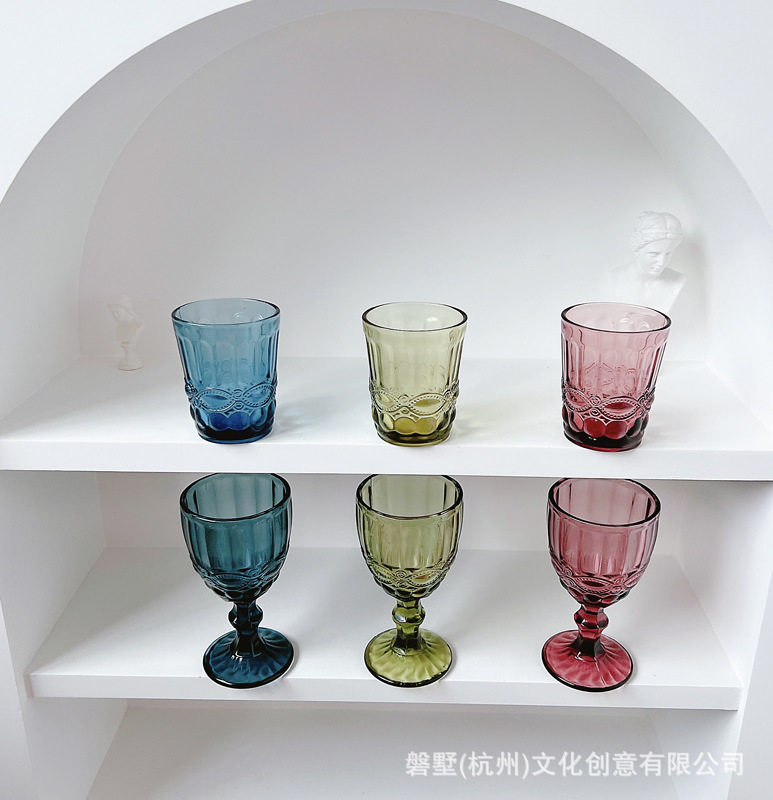 餐厅商用家用欧式复古浮雕彩色加厚玻璃茶水杯子高脚红酒杯香槟杯