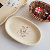 家用ins风奶油色可爱卡通小熊椭圆形菜盘子饭碗咖啡杯碟陶瓷套装