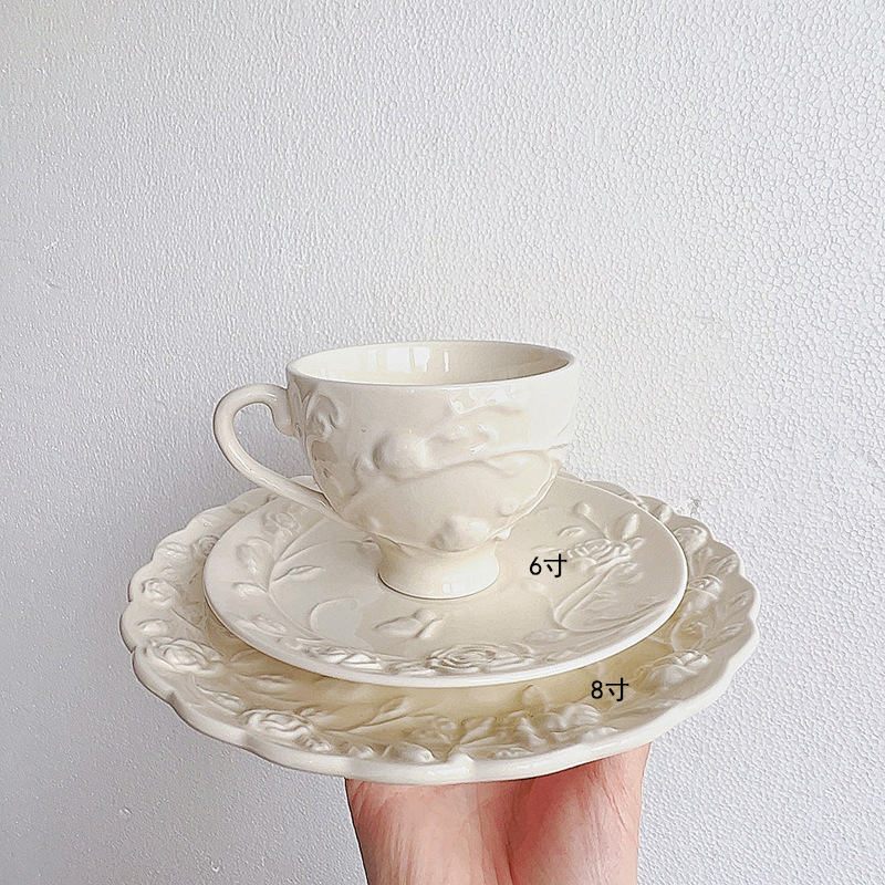 法式浪漫ins奶油色玫瑰陶瓷浮雕餐盘点心盘下午茶盘家用甜品盘子