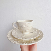 法式 浪漫ins奶油色玫瑰陶瓷浮雕餐盘点心盘下午茶盘家用甜品盘子