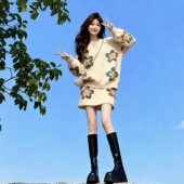 小香慵懒风花朵V领针织毛衣连衣裙女2026年春季 松弛感套装 短裙子