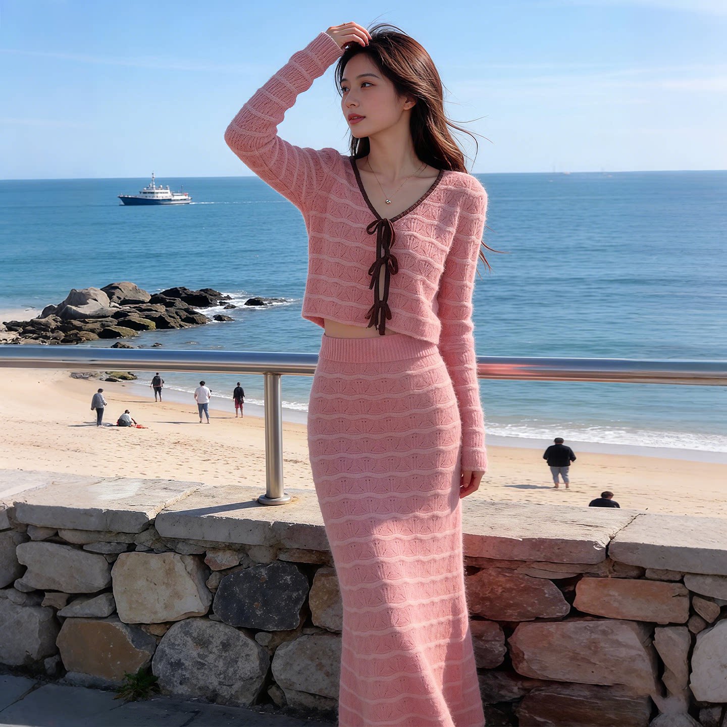 韩系高级感粉色针织连衣裙子女春季2026春季温柔风巨好看套装长裙