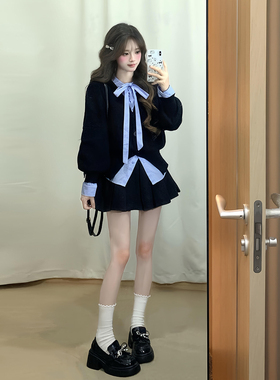 巨好看的蓝色学院风长袖连衣裙子秋冬韩系chic小个子修身打底裙女