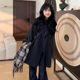 气质正肩西装 韩式 新款 毛呢外套女2025秋冬季 大衣 高级黑色加厚长袖