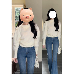 小香风白色翻领毛衣女秋冬季 高级感别致气质针织上衣 2025新款 法式