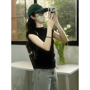 半高领针织衫无袖T恤女夏高级设计感小众短款修身黑色打底衫上衣