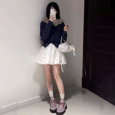 2025秋冬新款小个子精致短款上衣绝美学院风毛领长袖针织毛衣女装