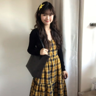 外搭套装 开衫 女 黑色长袖 韩系甜辣风黄格纹吊带连衣裙2025春秋新款