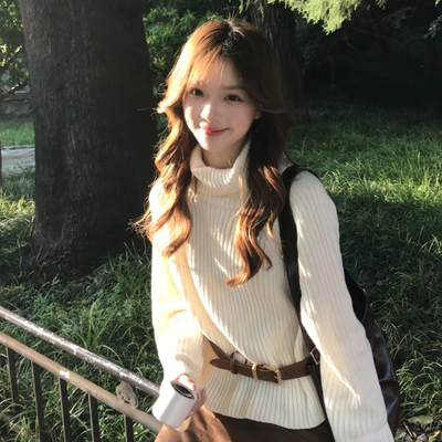 韩式chic风奶白色高领长袖针织上衣秋冬季加厚内搭打底套头毛衣女