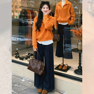 chic盐系韩风穿搭翻领长袖套头针织上衣秋冬季加厚软糯时尚毛衣女