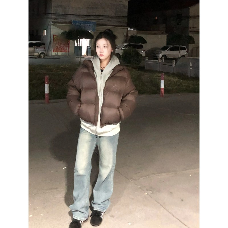 棕色立领羽绒棉服女秋冬短款高级感超好看棉衣棉袄外套加厚面包服