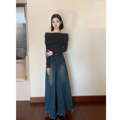 修身露肩长袖上衣针织灰色高级感