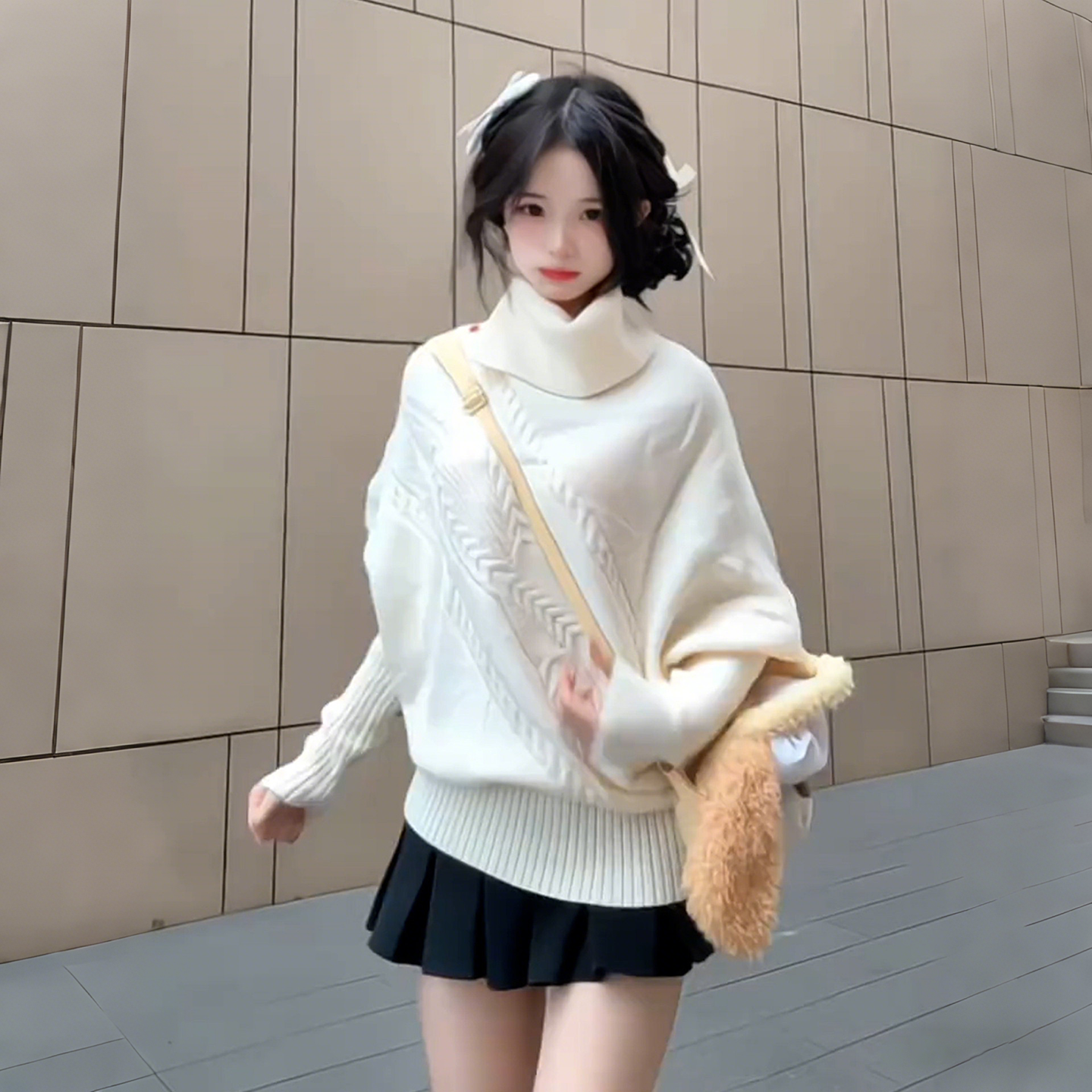 超好看米白色绞花翻领毛衣女2026春季新款不规则高领宽松针织上衣