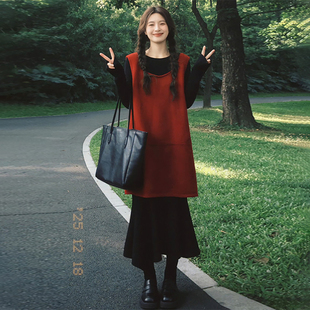 法式千金小香风红色叠穿背心连衣裙子女2026年春季高级感套装长裙