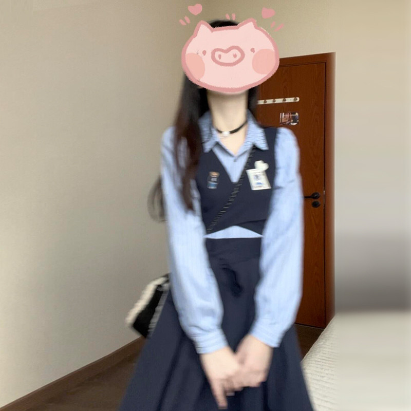2025新款韩系学院风穿搭蝴蝶结PLOL领假两件衬衫连衣裙女秋中长裙