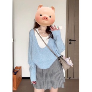上衣 蓝色大u领毛衣女早春韩系套头宽松慵懒百搭软糯高级感针织衫