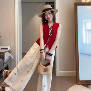 法式复古红色系带针织开衫背心女夏季2025新款高级感百搭无袖上衣