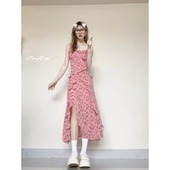 粉红色碎花吊带连衣裙女夏季 收腰显瘦开叉a字长裙子 海边度假法式