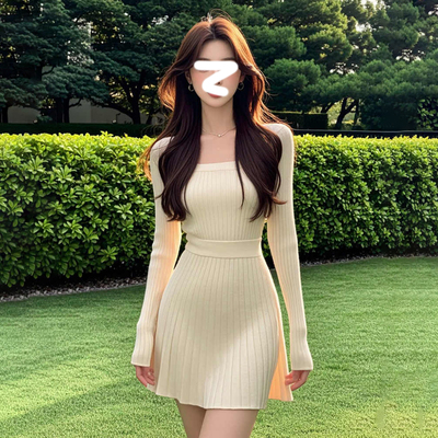 米杏色长袖毛针织裙子秋季新款韩式内搭正肩收腰打底短款连衣裙女