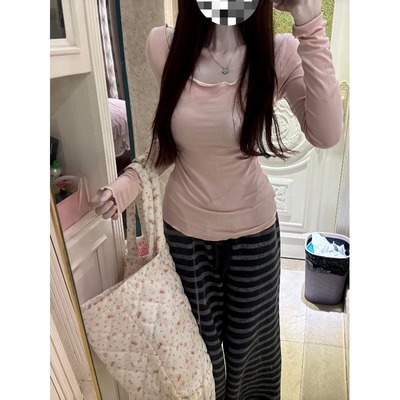 送运费险木耳边粉色长袖T恤女春