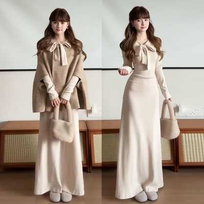 复古江浙沪富家千金穿搭秋冬季2025新款斗篷系带长袖针织连衣裙女