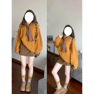 高级感超好看橘色麻花毛衣女秋冬季 上衣 2025新款 宽松氛围感针织衫