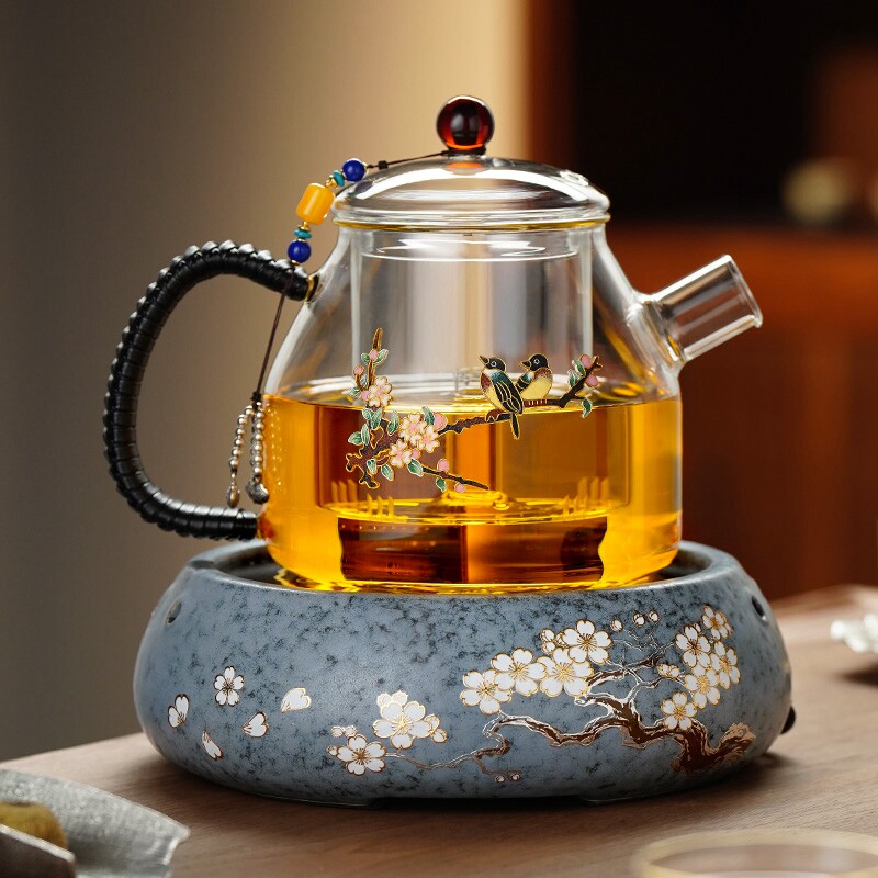 2025新款高颜值纯手工玻璃蒸煮茶壶煮茶器黑晶炉家用大容量花茶壶