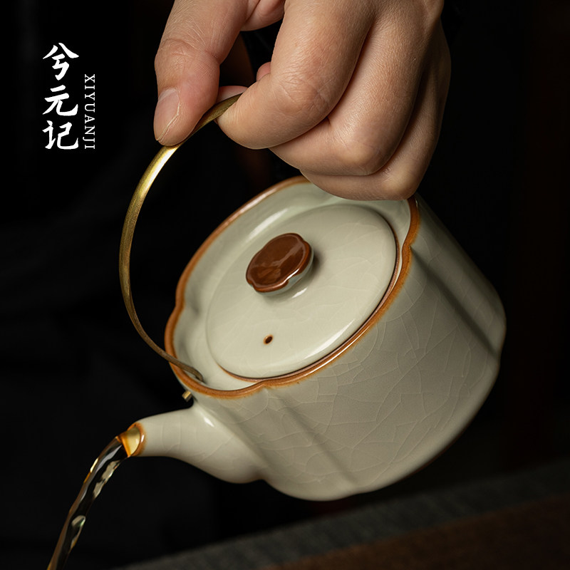 米黄汝窑提梁壶覆古陶瓷茶壶泡茶家用茶水壶泡茶壶大容量功夫茶具