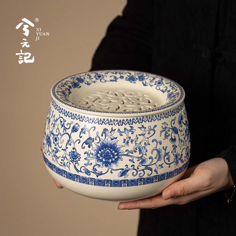 兮元记青花缠枝莲陶瓷茶洗杯洗家用茶渣缸茶道零配建水功夫茶具