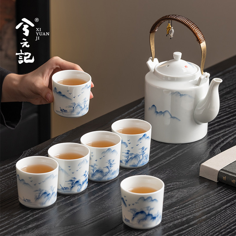 手绘山水陶瓷茶壶杯子套装功夫茶具提梁壶2026新款泡茶壶冷水壶
