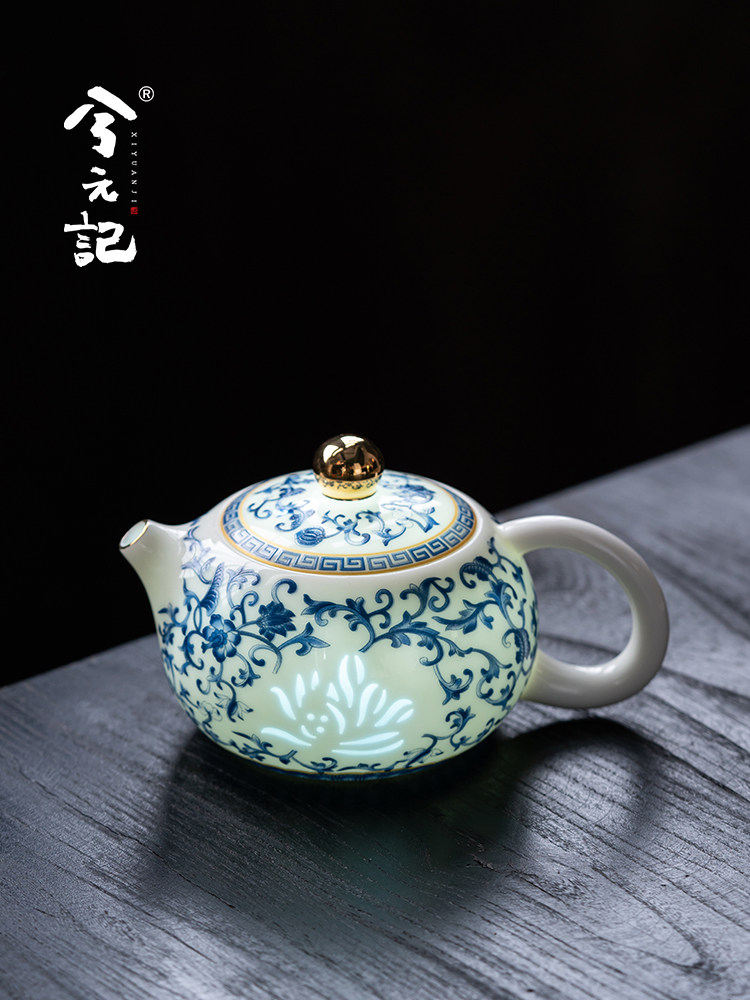 羊脂玉陶瓷茶壶青花玲珑茶具缠枝莲泡茶壶单壶家用中式高档西施壶