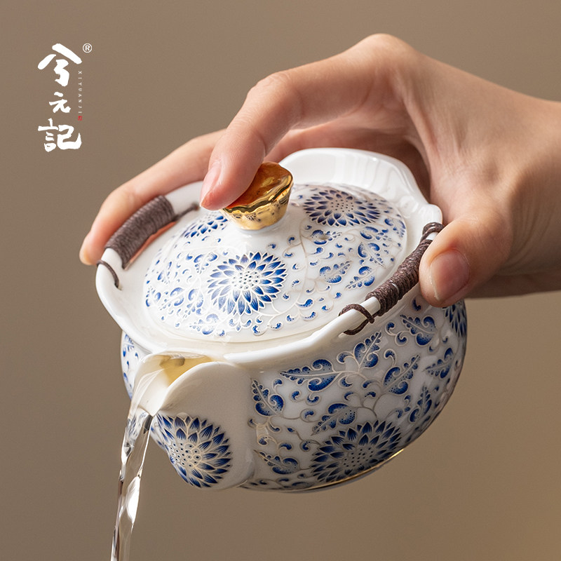 羊脂玉瓷手抓壶盖碗茶杯单个高档防烫茶碗一人饮鎏银泡茶功夫茶具