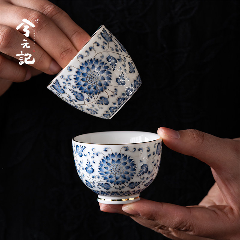 兮元记青花缠枝莲陶瓷茶杯单个高档品茗杯鎏银主人杯单杯功夫茶具图片