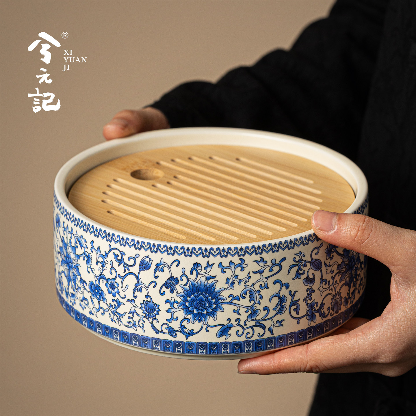 青花缠枝莲圆形茶盘干泡盘陶瓷储水式茶托盘家用壶承茶船茶台茶具